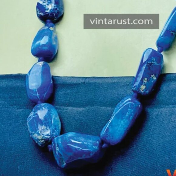 Handmade Lapis Lazuli Gemstone Necklace, Vintage Beaded Stone Necklace, - Picture 9 of 10